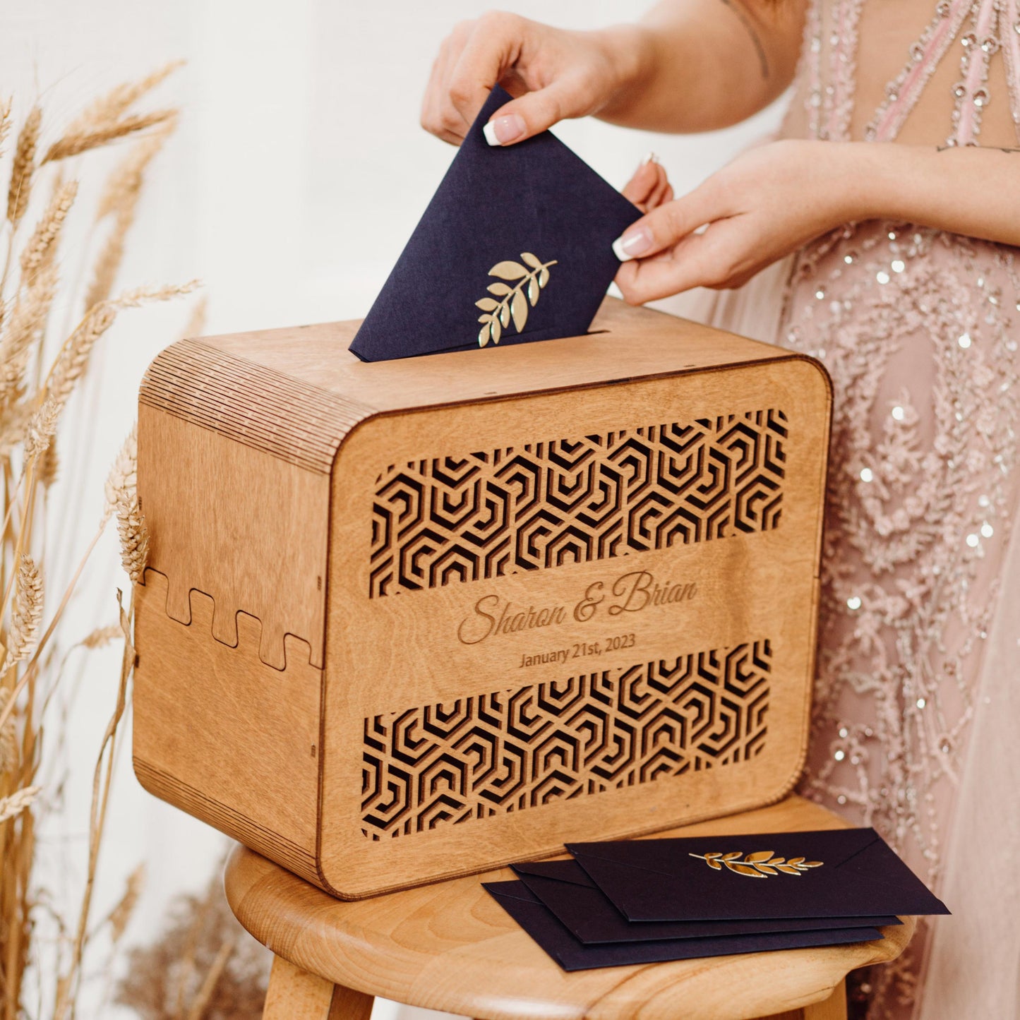 Personalized Wedding Card Box with Slot: Engraved Wood Money Box