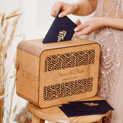 Personalized Wedding Card Box with Slot: Engraved Wood Money Box
