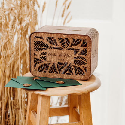 Personalized Wedding Card Box with Slot: Engraved Wood Money Box