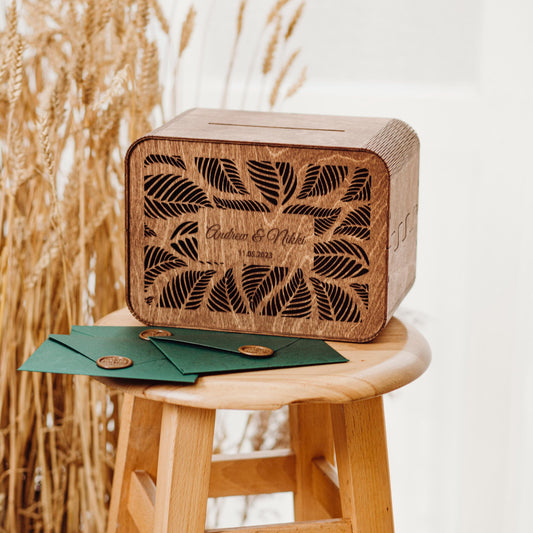 Personalized Wedding Card Box with Slot: Engraved Wood Money Box