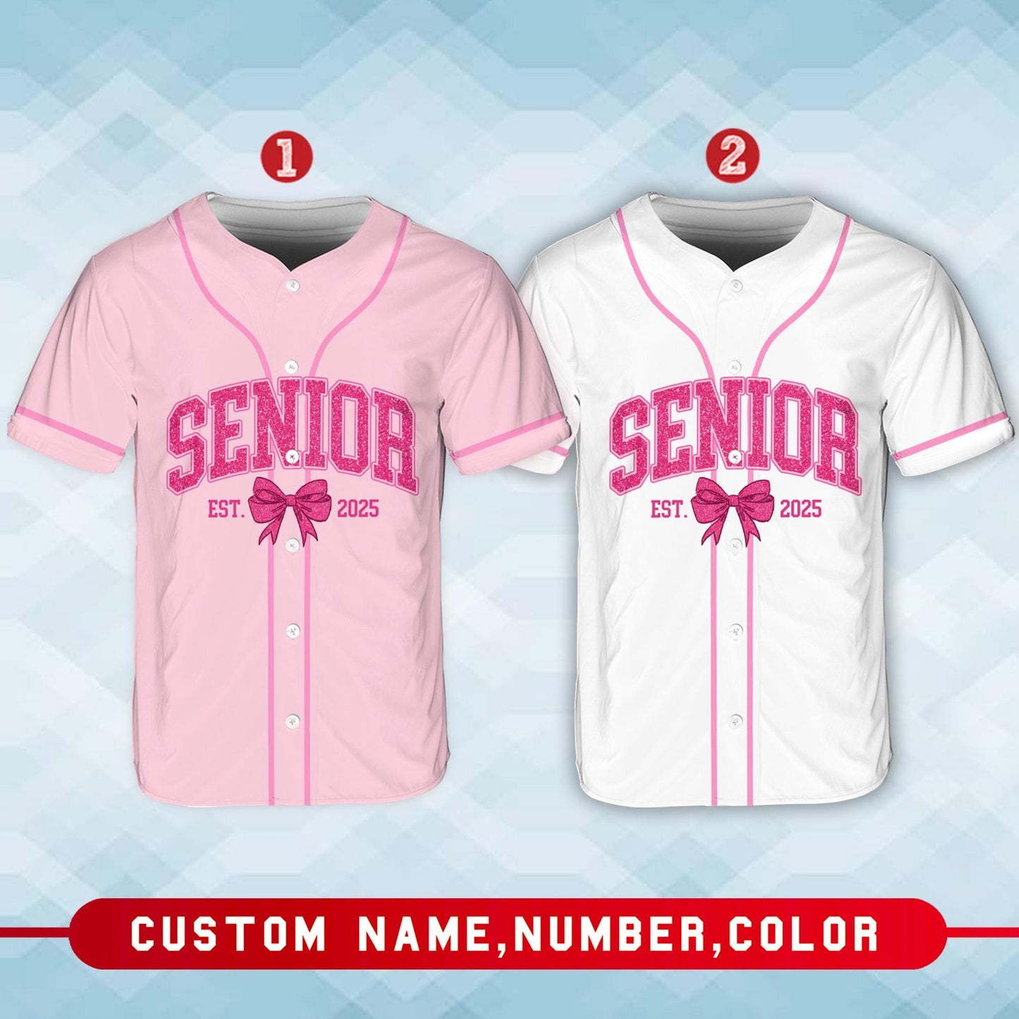 Senior 2025 Baseball Jersey, Custom Name Baseball Jersey, Personalized Jersey, Glitter Pink Bow, Class Off 2025, Graduation, Senior Gifts | NU31