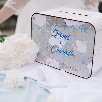 Personalized Floral Wedding Card Box: Blue & White Regency Style Decor