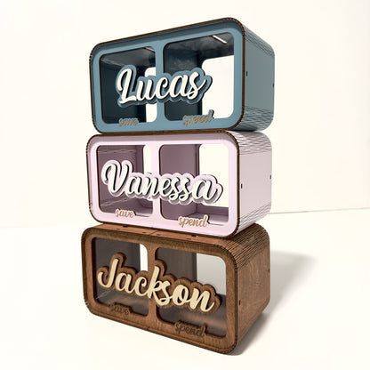 Wooden Money Box Kids, Custom Piggy Bank, Saving Cash Box, Personalized Bank For Child, Handmade Gift, Saving Piggy Bank, Save Spend jar