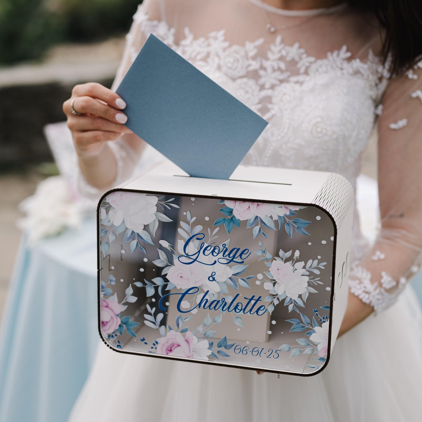 Personalized Floral Wedding Card Box: Blue & White Regency Style Decor