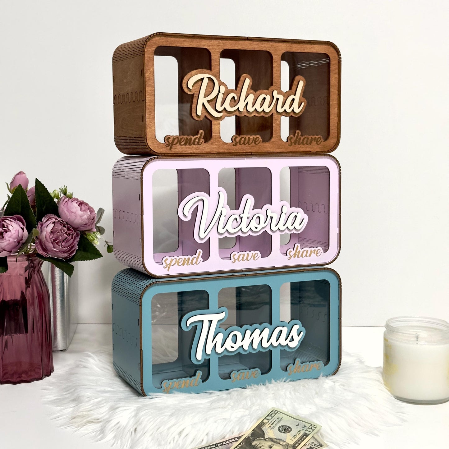 Three-Part Money Box | Custom Kids Money Organizer | Wooden Triple Slot Bank  | Kids Split Savings Bank