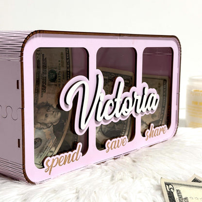 Save Spend Share Bank / Saving Piggy Bank / Customized Piggy Bank / Give Save Spend / Divided Piggy Bank/Personalized Piggy Bank/Divvy Bank/
