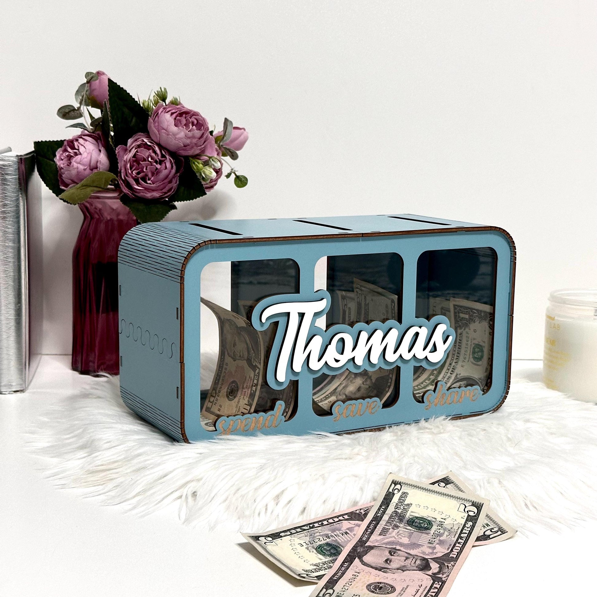 Three-Part Money Box | Custom Kids Money Organizer | Wooden Triple Slot Bank  | Kids Split Savings Bank