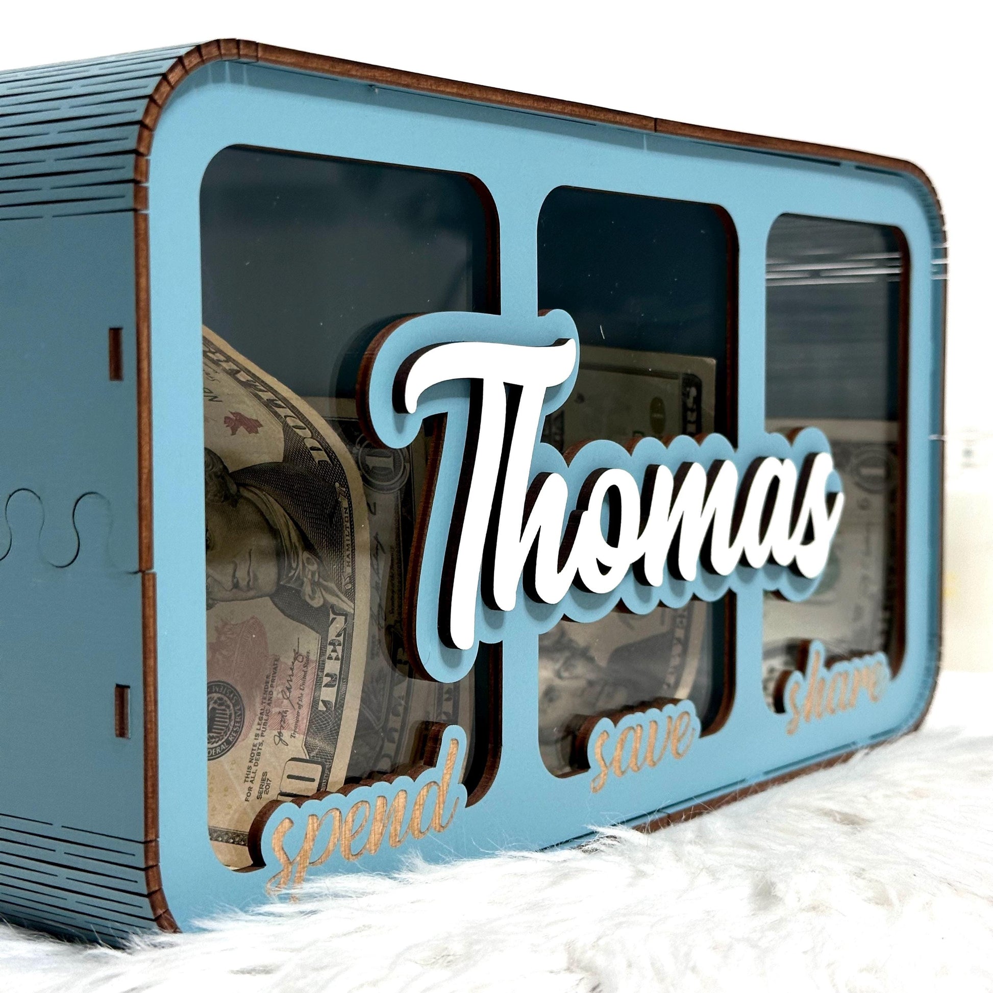 Three-Part Money Box | Custom Kids Money Organizer | Wooden Triple Slot Bank  | Kids Split Savings Bank