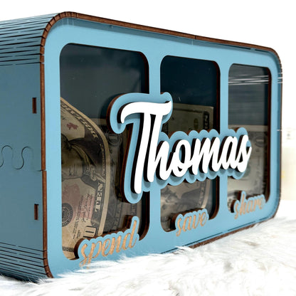 Three-Part Money Box | Custom Kids Money Organizer | Wooden Triple Slot Bank  | Kids Split Savings Bank