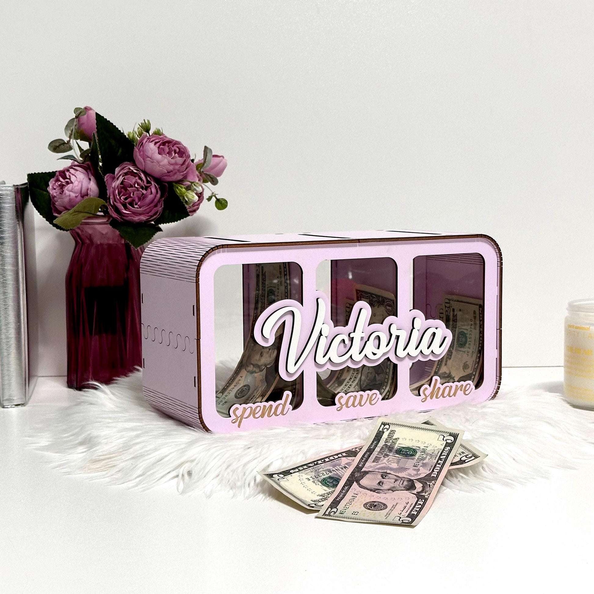 Three-Part Money Box | Custom Kids Money Organizer | Wooden Triple Slot Bank  | Kids Split Savings Bank
