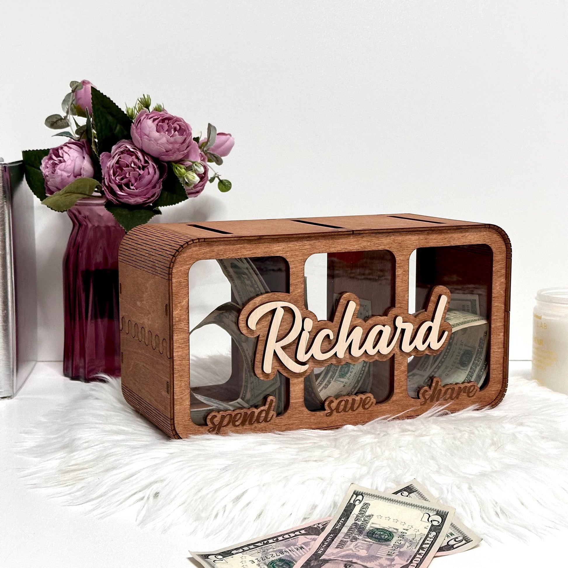 Three-Part Money Box | Custom Kids Money Organizer | Wooden Triple Slot Bank  | Kids Split Savings Bank