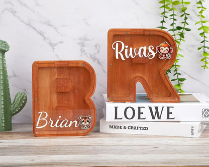 Custom Name Coin Bank,Personalized walnut piggy bank,Initial Money Box,Wood piggy bank,Unique Baby Shower Gift,Nursery Decor,Gift For Child