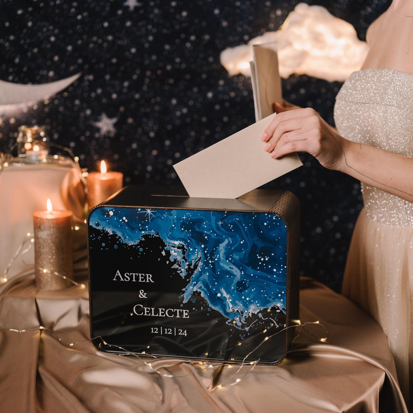 Celestial Wedding Card Box: Galaxy Theme, Custom Starry Decor