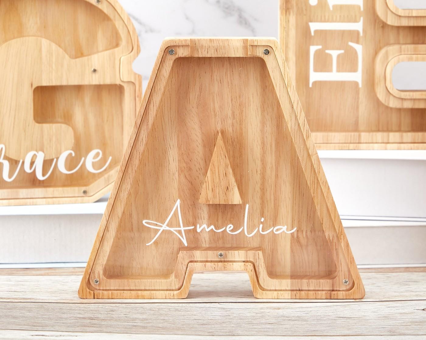 Personalized Large Wooden Kids Letter Piggy Bank, Wood Gift For Kids, Wood Alphabet Letter Bank Money Box Birthday, Custom Name Coin Bank