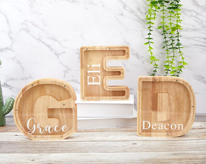 Personalized Large Wooden Kids Letter Piggy Bank, Wood Gift For Kids, Wood Alphabet Letter Bank Money Box Birthday, Custom Name Coin Bank