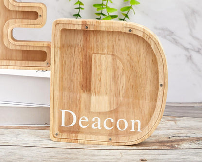 Personalized Large Wooden Kids Letter Piggy Bank, Wood Gift For Kids, Custom Name Coin Bank, Wood Alphabet Letter Bank Money Box Birthday