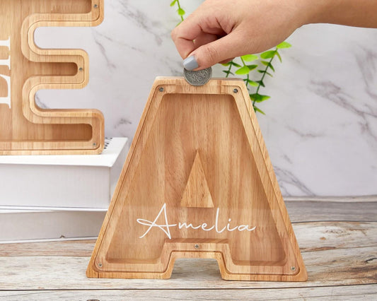 Personalized Large Wooden Kids Letter Piggy Bank, Wood Gift For Kids, Custom Name Coin Bank, Wood Alphabet Letter Bank Money Box Birthday