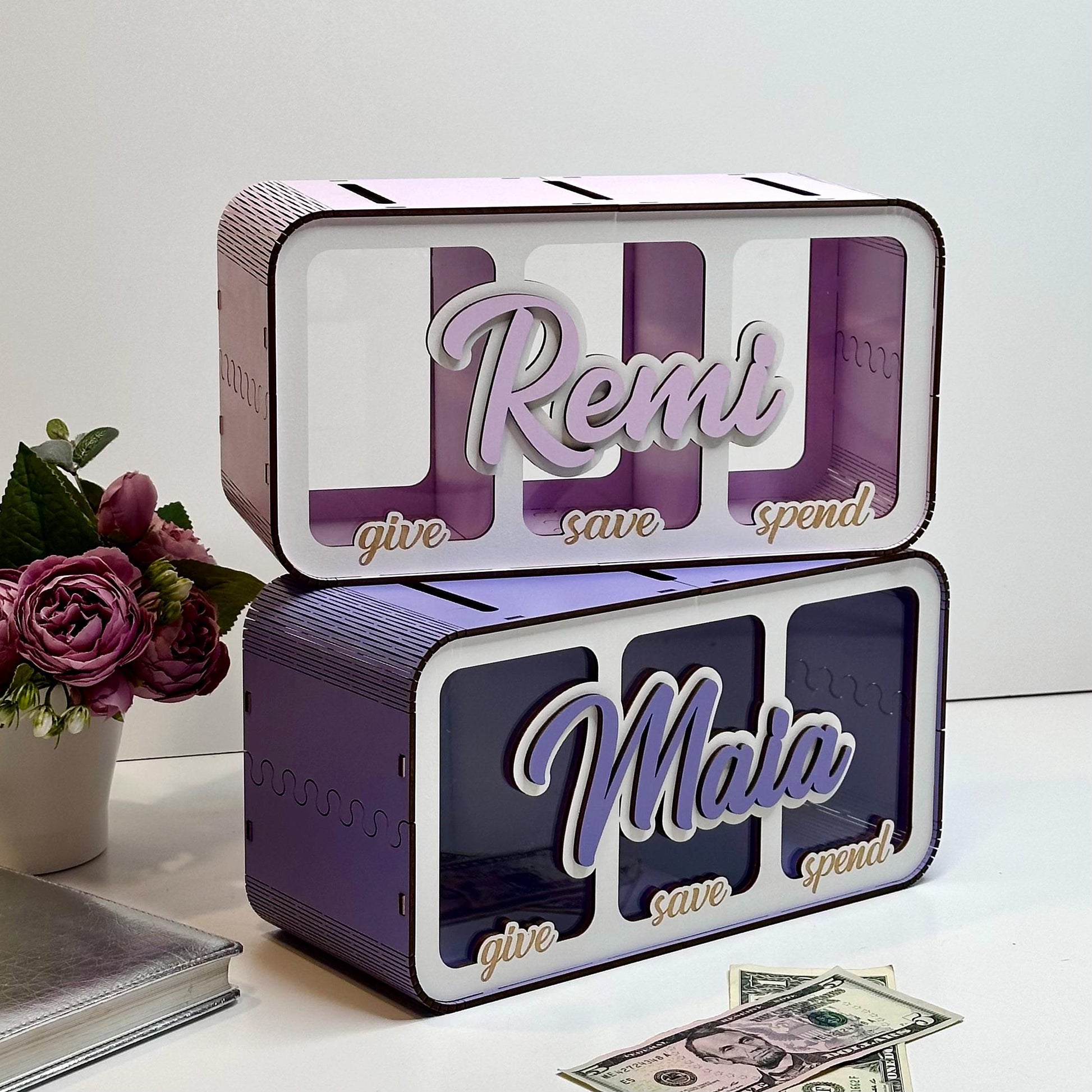 Custom Wood Piggy Bank: Spend Save Share Money Box