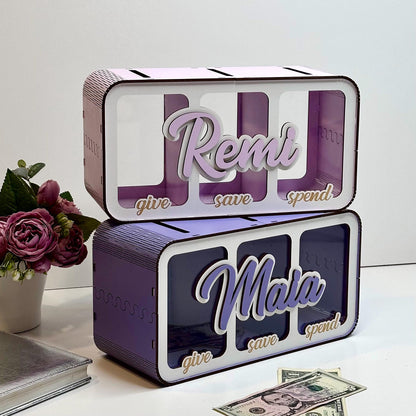 Custom Wood Piggy Bank: Spend Save Share Money Box
