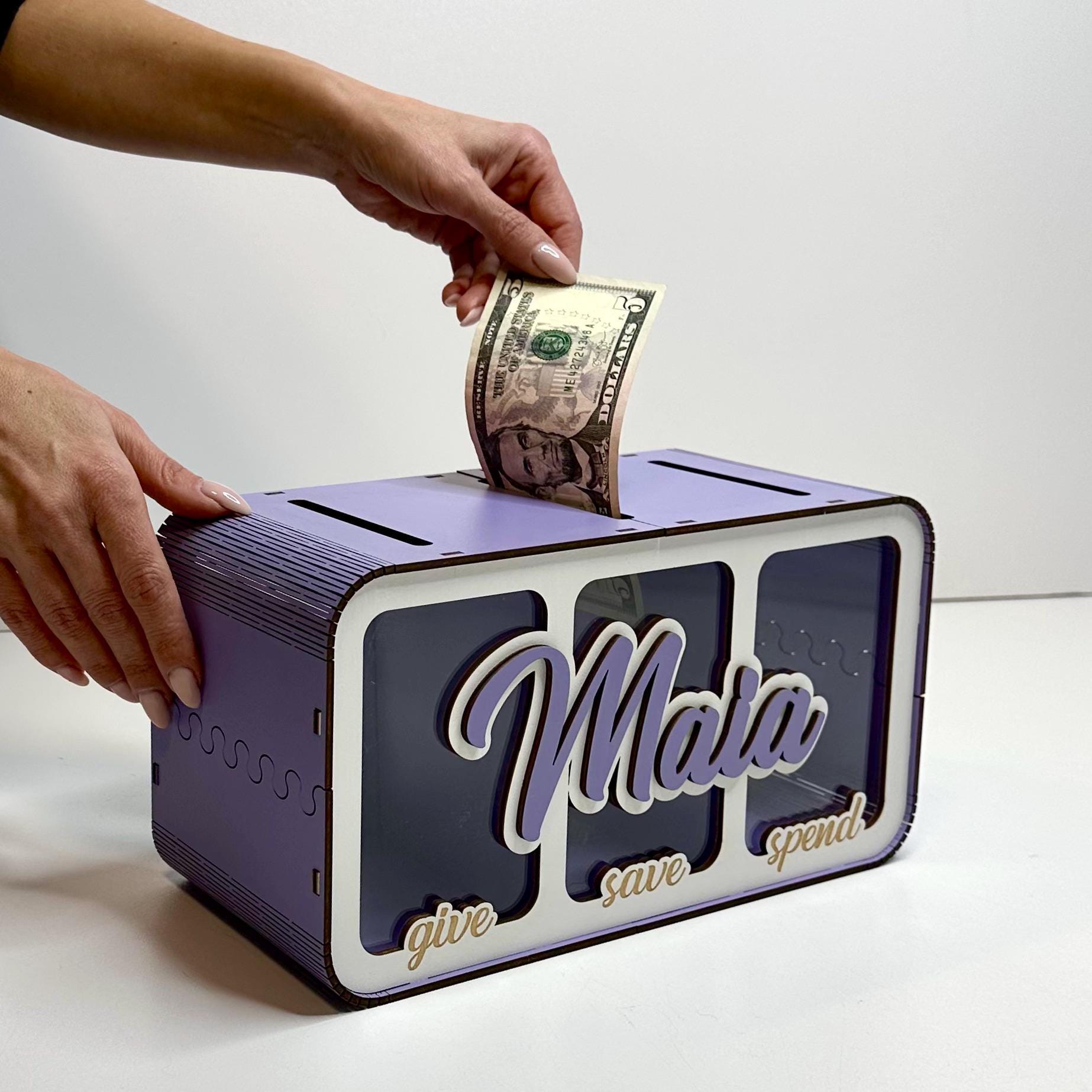 Custom Wood Piggy Bank: Spend Save Share Money Box