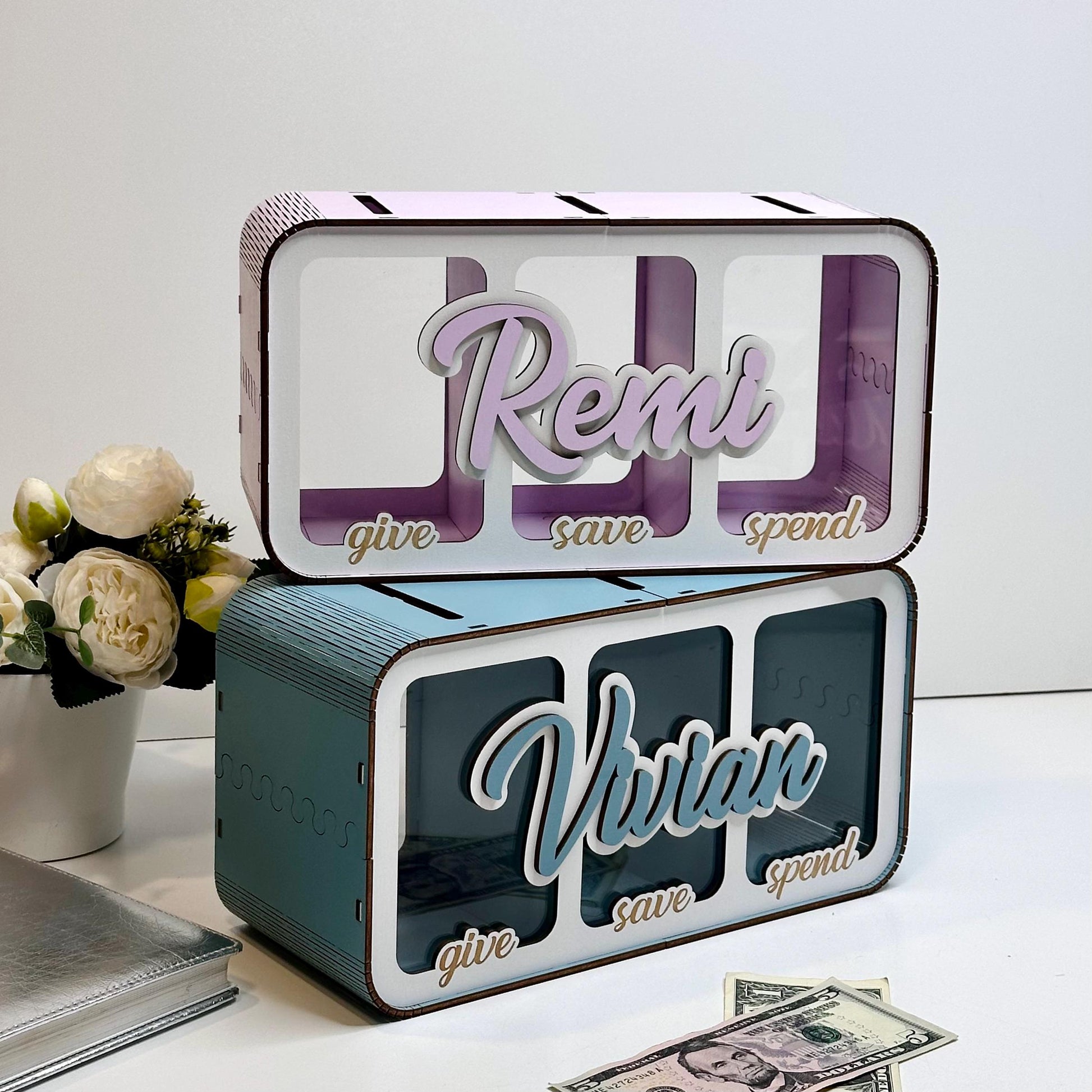 Custom Wood Piggy Bank: Spend Save Share Money Box