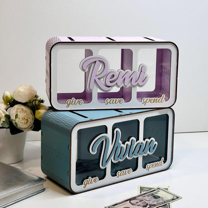 Custom Wood Piggy Bank: Spend Save Share Money Box