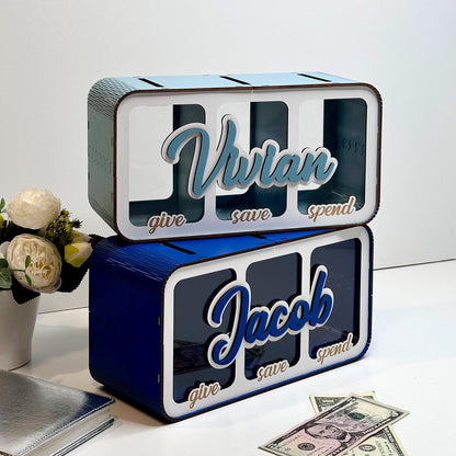 Custom Wood Piggy Bank: Spend Save Share Money Box