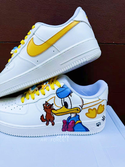 Hand Painted Donald Duck Air Force 1 Sneakers: Custom Cartoon Shoes AF1 white personalized gift design shoes wedding fashion trainers | RO49