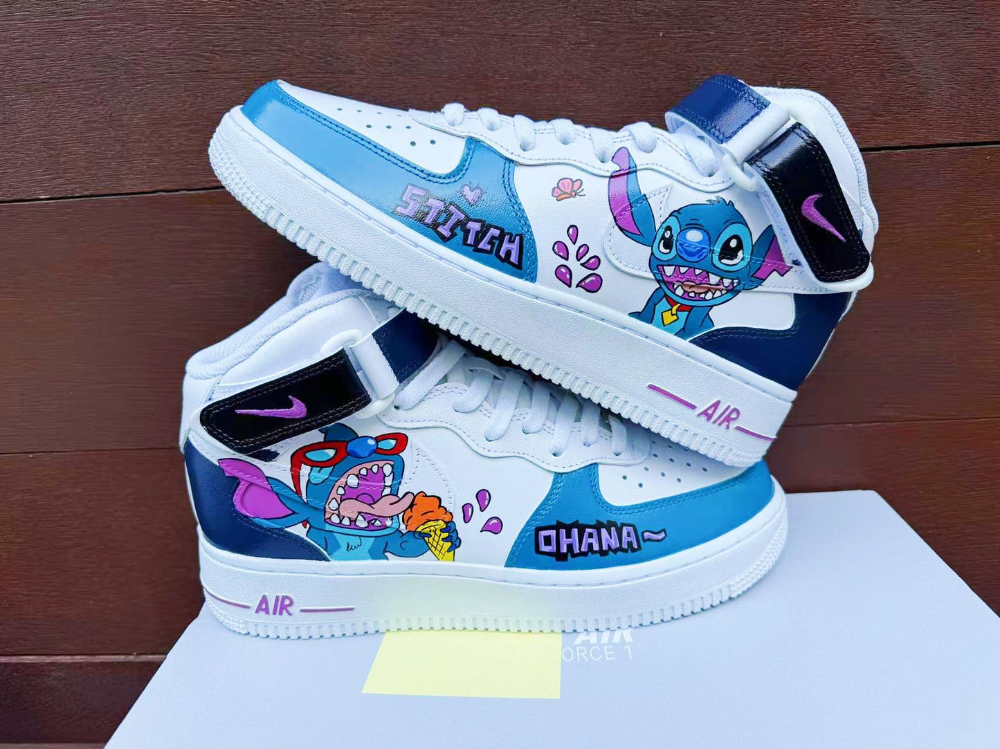 Hand Painted Stitch Air Force 1 Mid Sneakers: Custom Anime Shoes AF1 white personalized gift design wedding fashion trainers | YV17