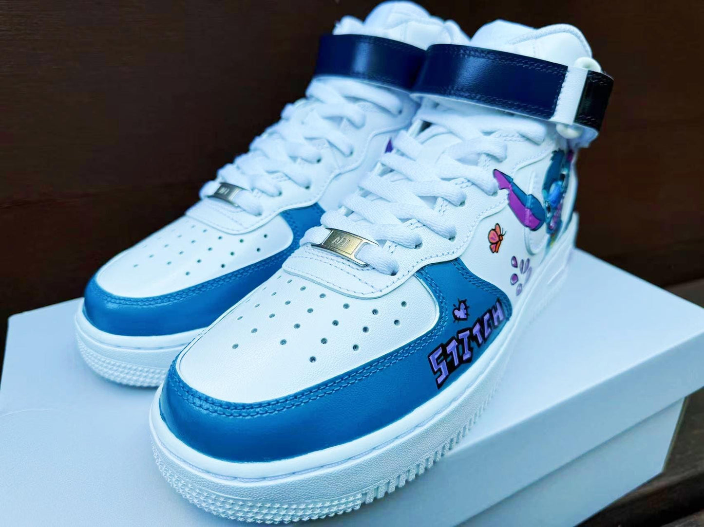 Hand Painted Stitch Air Force 1 Mid Sneakers: Custom Anime Shoes AF1 white personalized gift design wedding fashion trainers | YV17