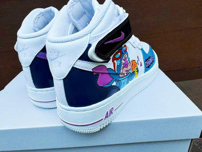 Hand Painted Stitch Air Force 1 Mid Sneakers: Custom Anime Shoes AF1 white personalized gift design wedding fashion trainers | YV17