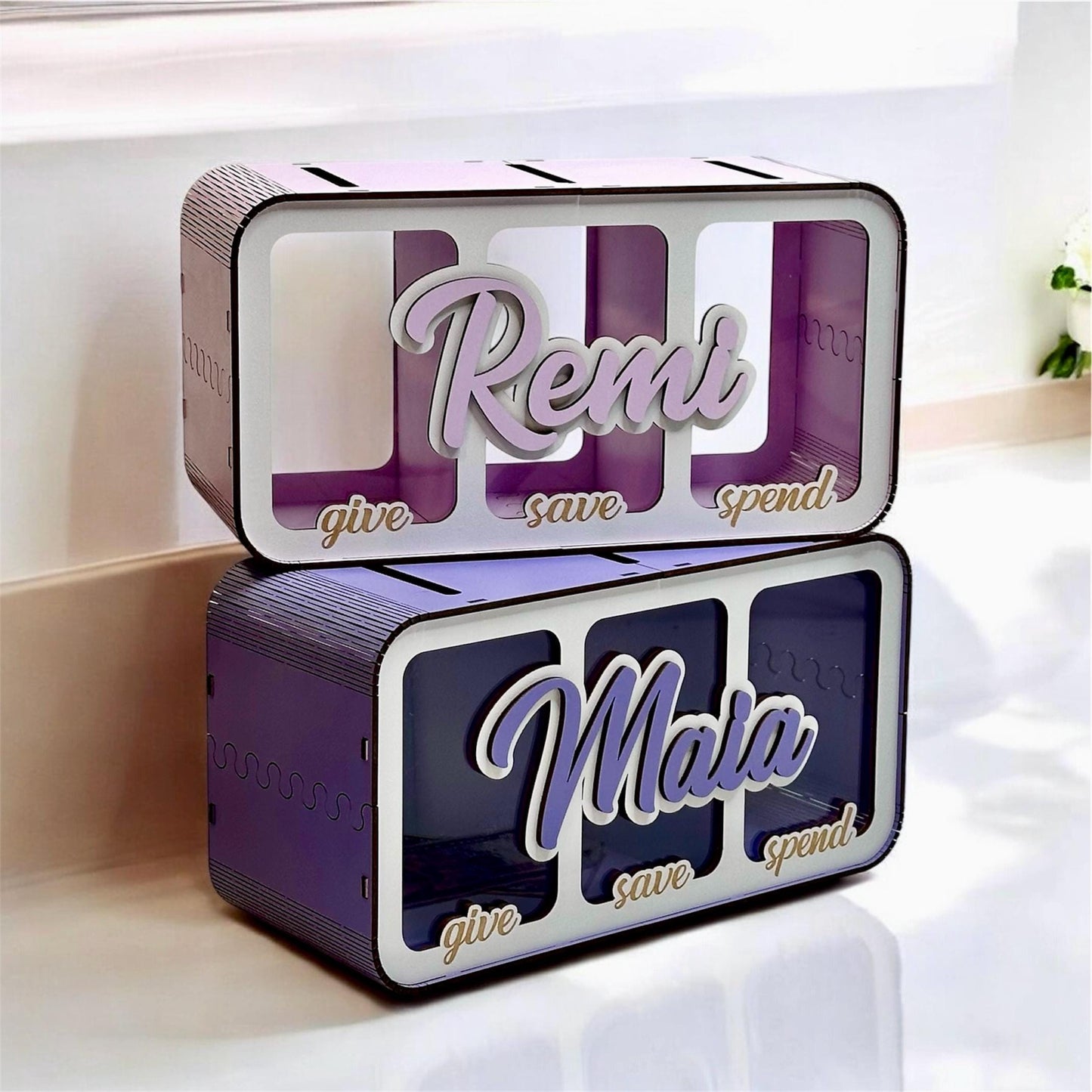Custom Wood Piggy Bank: Spend Save Share Money Box