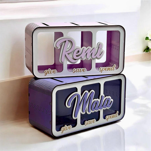 Custom Wood Piggy Bank: Spend Save Share Money Box
