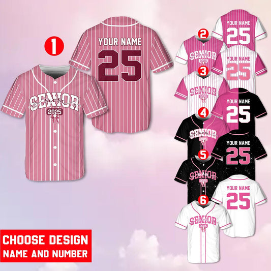 Senior 2025 Baseball Jersey, Custom Name Baseball Jersey, Personalized Jersey, Glitter Pink Bow, Class Off 2025, Graduation, Senior Gifts | HF72