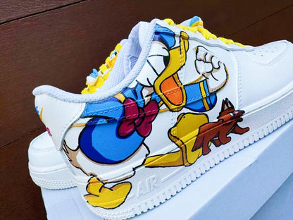 Hand Painted Donald Duck Air Force 1 Sneakers: Custom Cartoon Shoes AF1 white personalized gift design shoes wedding fashion trainers | RO49