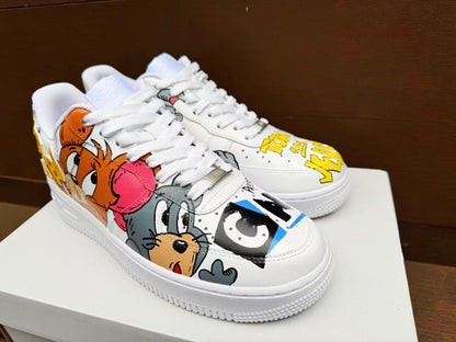 Hand Painted Custom Air Force 1 Sneakers: Tom Jerry Cartoon Shoes AF1 wedding fashion trainers personalized gift design white | IS89