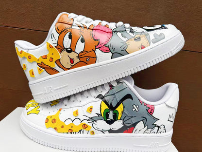 Hand Painted Custom Air Force 1 Sneakers: Tom Jerry Cartoon Shoes AF1 wedding fashion trainers personalized gift design white | IS89