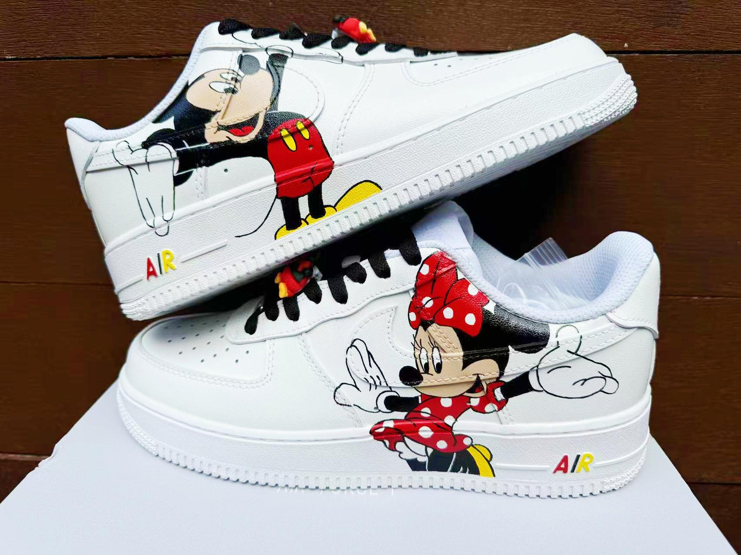 Hand Painted Air Force 1 Sneakers: Mickey Minnie Mouse Cartoon Shoes AF1 white personalized gift design wedding fashion trainers anime shoe | WU56