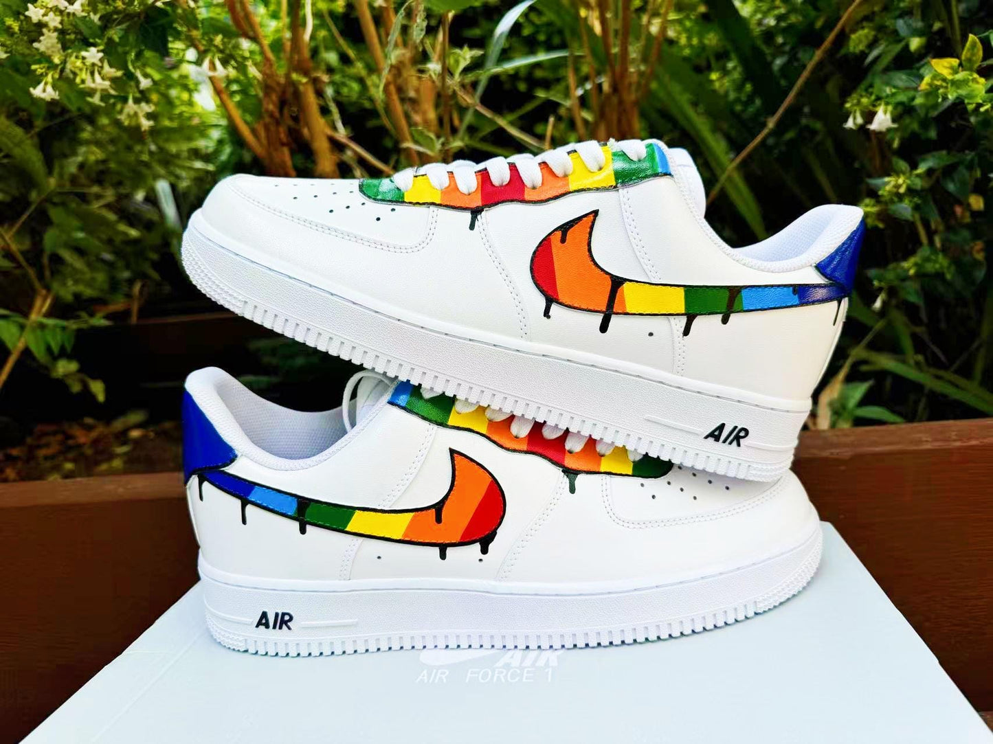 Hand Painted Air Force 1 Sneakers: Rainbow Drip Design AF1 white personalized gift design wedding fashion trainers anime shoes customized | OC71