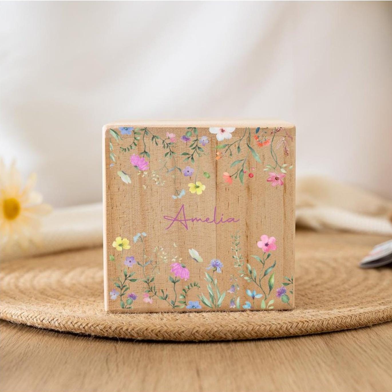 Personalized Wooden Piggy Bank with Wildflowers - Custom Child's Name