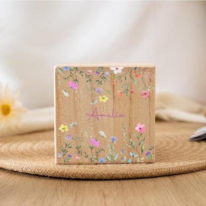 Personalized Wooden Piggy Bank with Wildflowers - Custom Child's Name