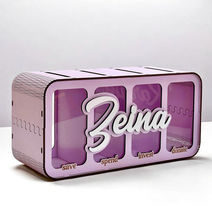 Save Spend Invest Donate Piggy Bank, Wooden Kids Money Box, 4 Compartment Savings Bank, Financial Learning Toy