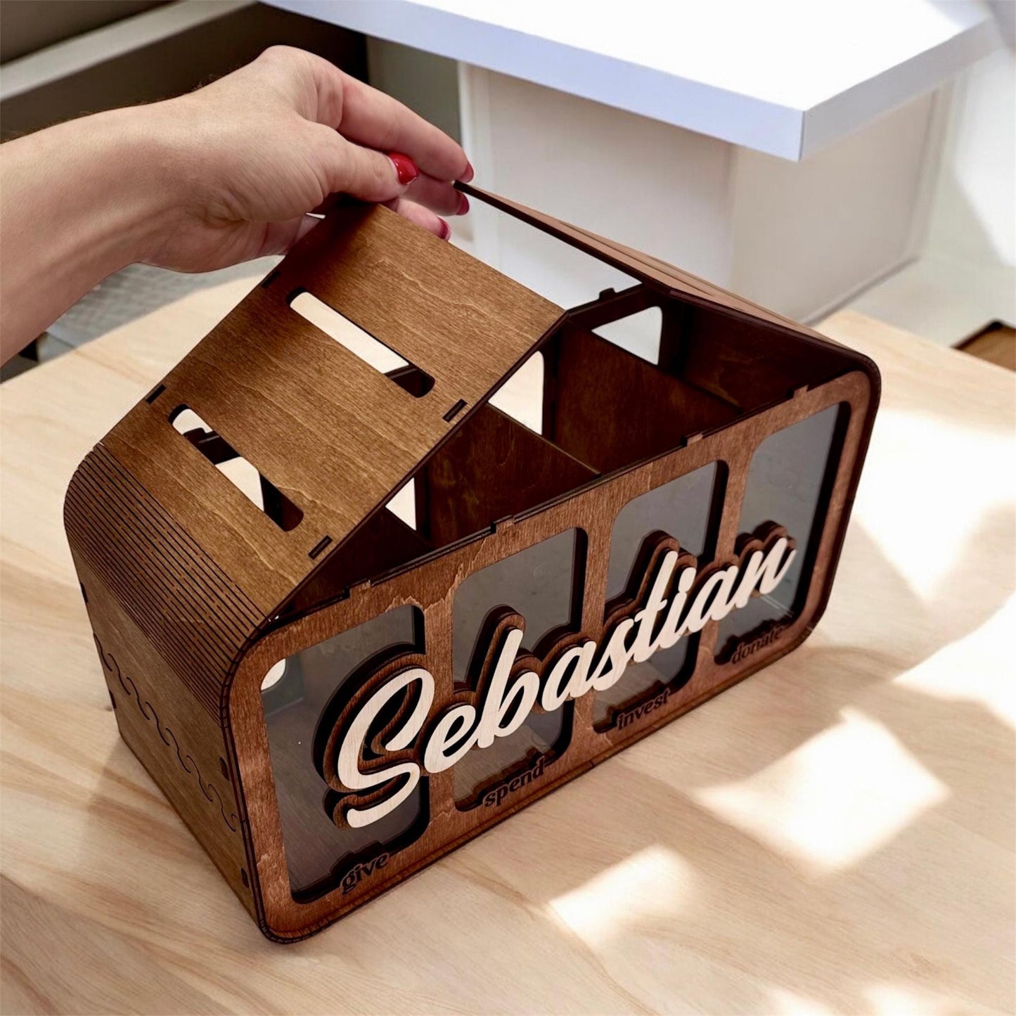 Save Spend Invest Donate Piggy Bank | Wooden Money Box for Kids | Family Budget Organizer Gift| 4 Slot Save Spend Invest Donate Bank