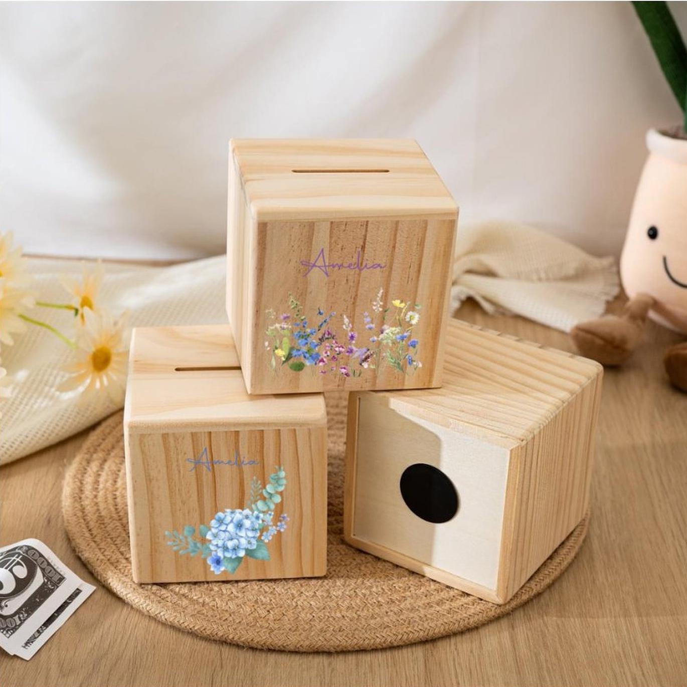 Personalized Wooden Piggy Bank with Wildflowers - Custom Child's Name