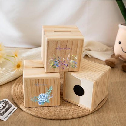 Personalized Wooden Piggy Bank with Wildflowers - Custom Child's Name