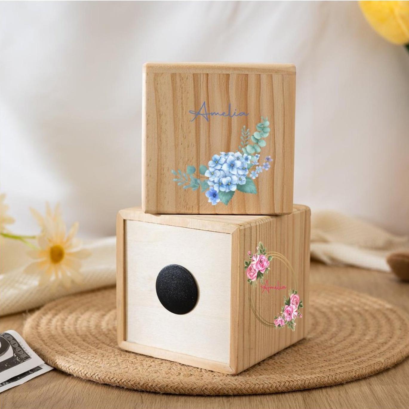 Personalized Wooden Piggy Bank with Wildflowers - Custom Child's Name