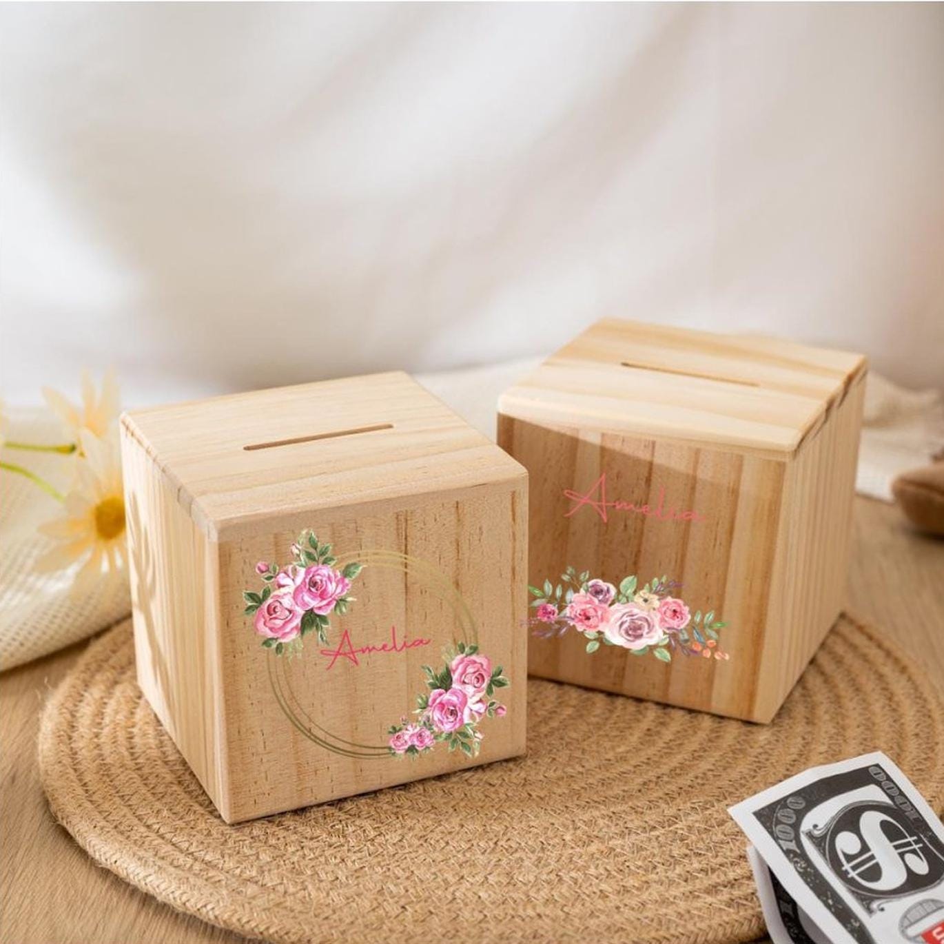 Personalized Wooden Piggy Bank with Wildflowers - Custom Child's Name