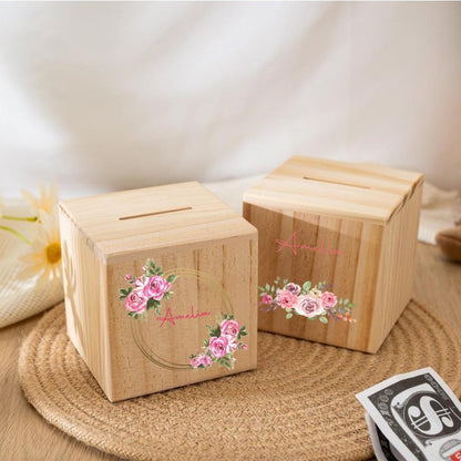 Personalized Wooden Piggy Bank with Wildflowers - Custom Child's Name