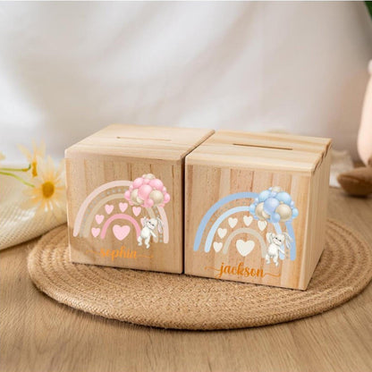 Personalized Rainbow Wooden Piggy Bank: Custom Name Coin Bank