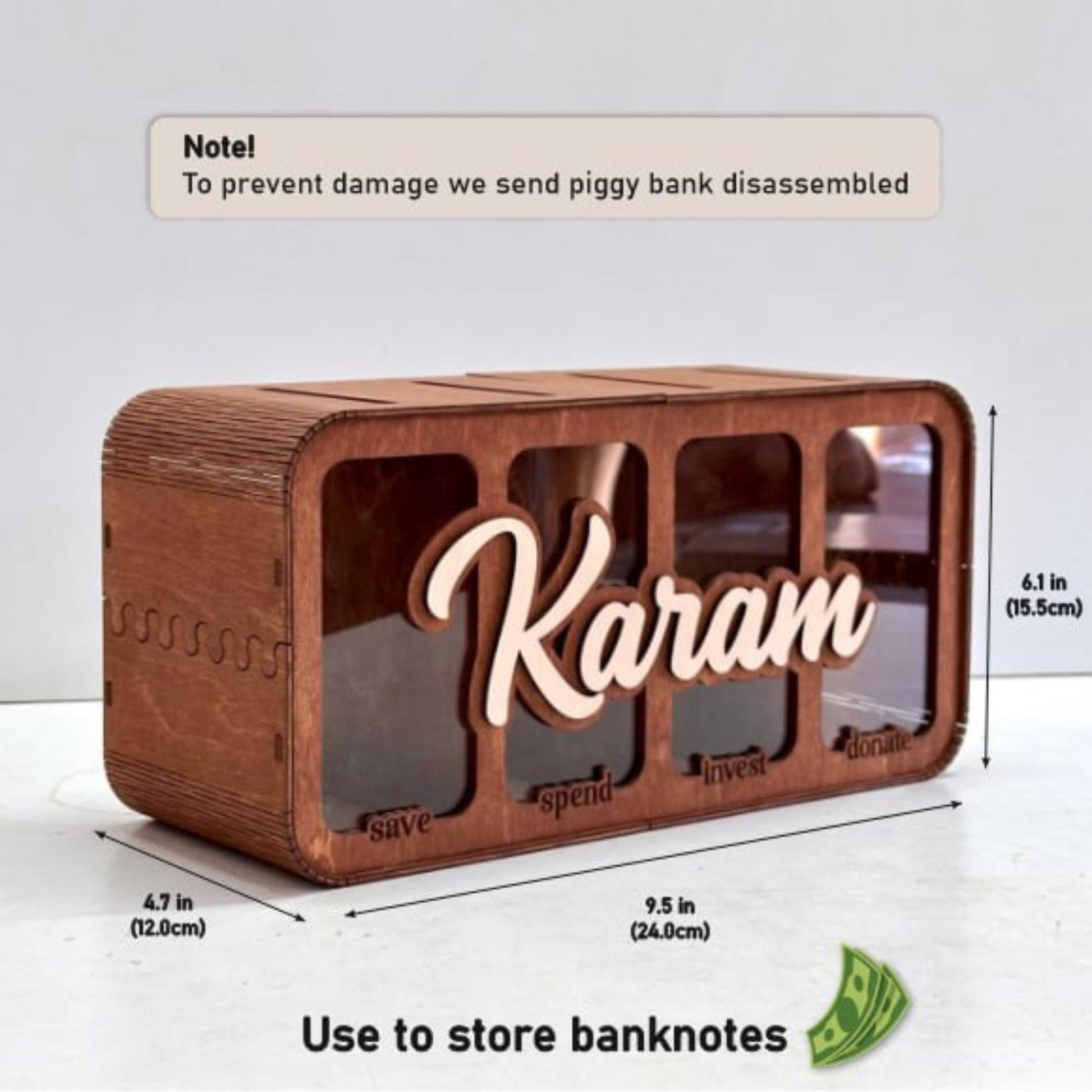 Save Spend Invest Donate Piggy Bank, Wooden Kids Money Box, 4 Compartment Savings Bank, Financial Learning Toy